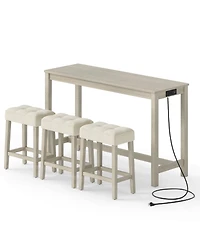 Gouun 4-Piece Counter Height Bar Table Set with 3 Upholstered Stools and Built-in Charging Station, 59 x 20 x 35.5 in