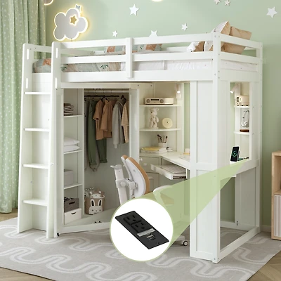 Streamdale Furniture Loft Bed with Wardrobe and Desk, Charging, Lights