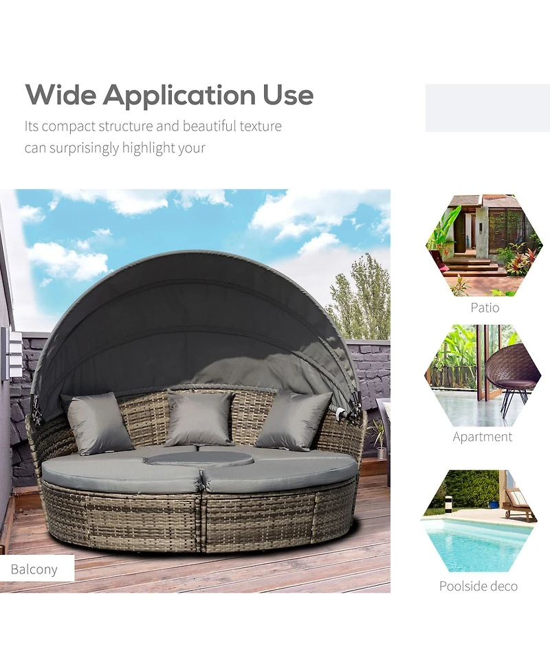 Outsunny 4-Piece Rattan Patio Furniture Set, Round Convertible Daybed or Sunbed with Adjustable Sun Canopy, Sectional Sofa, 2 Chairs, Table