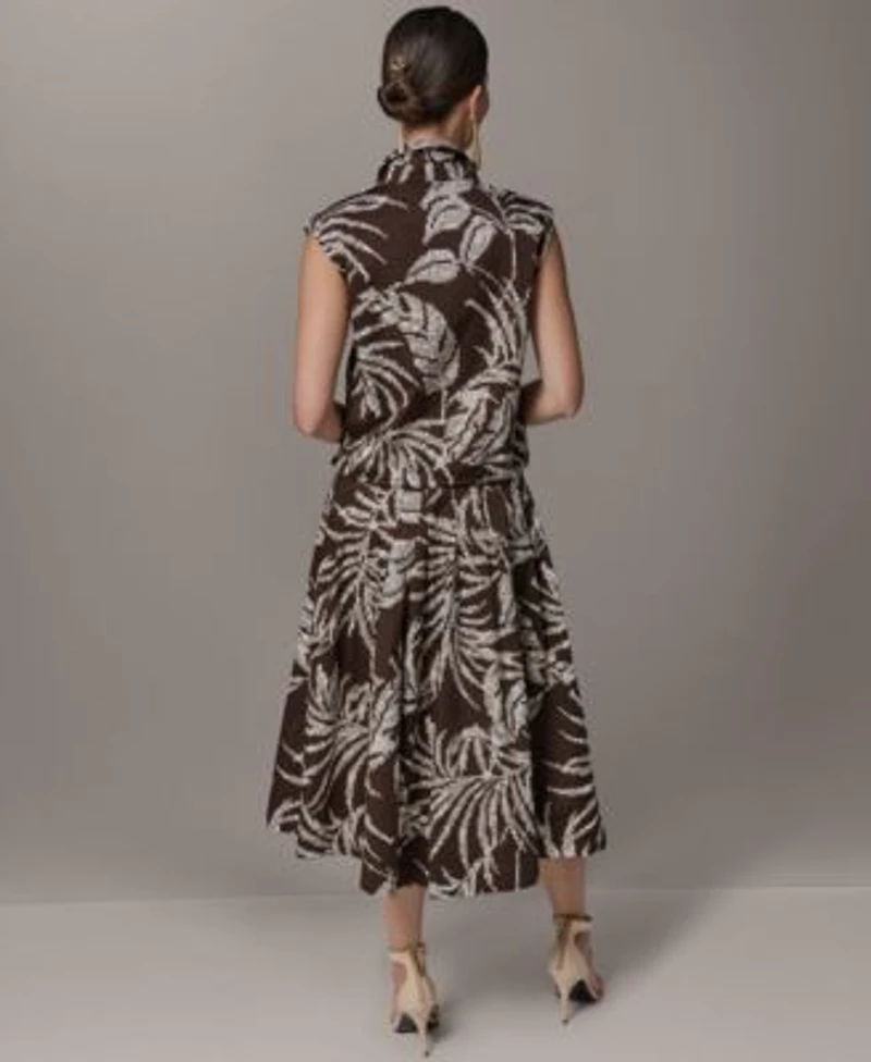 Donna Karan New York Womens Button Front Drawstring Top Printed Pleated Skirt