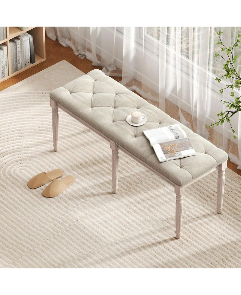 Gouun Button-Tufted Upholstered Bench with Carved Rubber Wood Legs