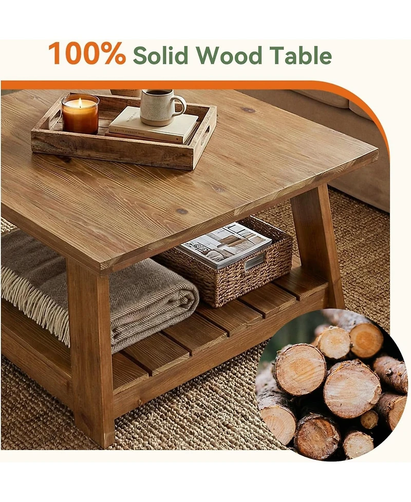Tribesigns 31.5" Solid Wood Square Coffee Table, 2-Tier Storage Design, Sturdy Wooden Legs