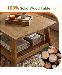 Tribesigns 31.5" Solid Wood Square Coffee Table, 2-Tier Storage Design, Sturdy Wooden Legs