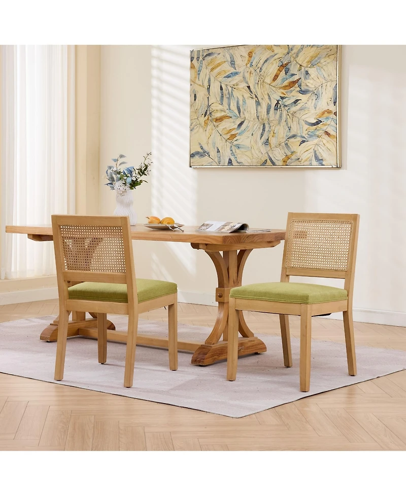 Rainsken Farmhouse Rattan Dining Chairs Set of 2, Mid Century Modern Kitchen Chairs with Square Back and Solid Wood Frame for Dining Room