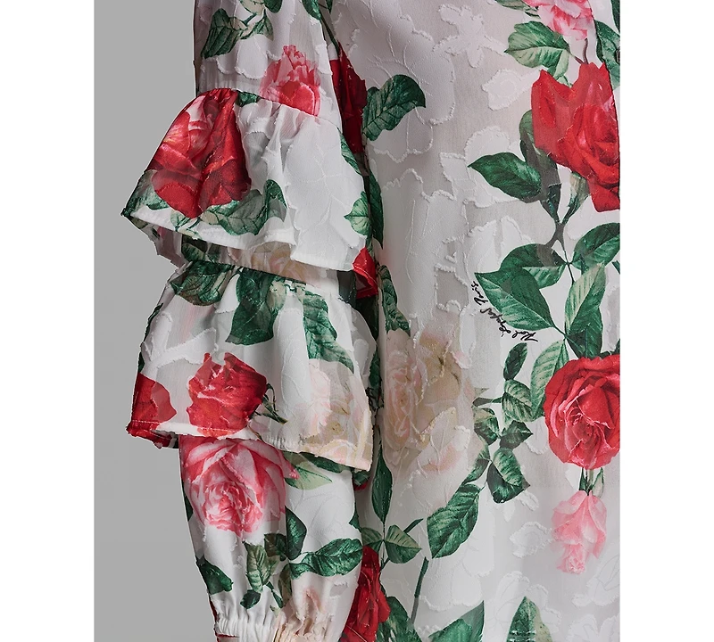 Karl Lagerfeld Paris Petite Ruffle-Sleeve Rose Print Blouse