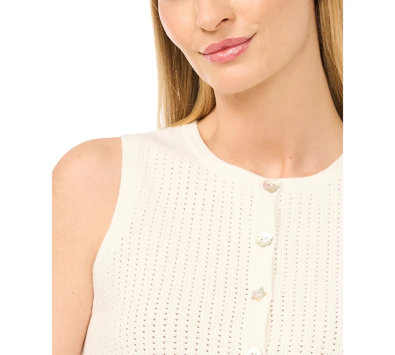 CeCe Women's Pointelle Sleeveless Button-Up Cotton Tank Top