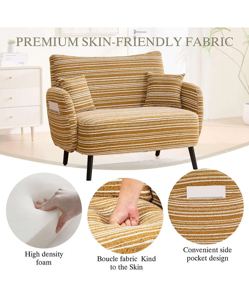 Rainsken 47.6" Boucle Accent Chair, Modern Loveseat Sofa, Deep Seat Chaise with Pillows and Storage Pockets for Living Room, Home Office