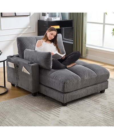 Rainsken Oversized Corduroy Chaise Lounge Sleeper Sofa Bed with Usb Ports, Cup Holders, Side Pockets and Pillow, Deep Seat Couch for Living Room