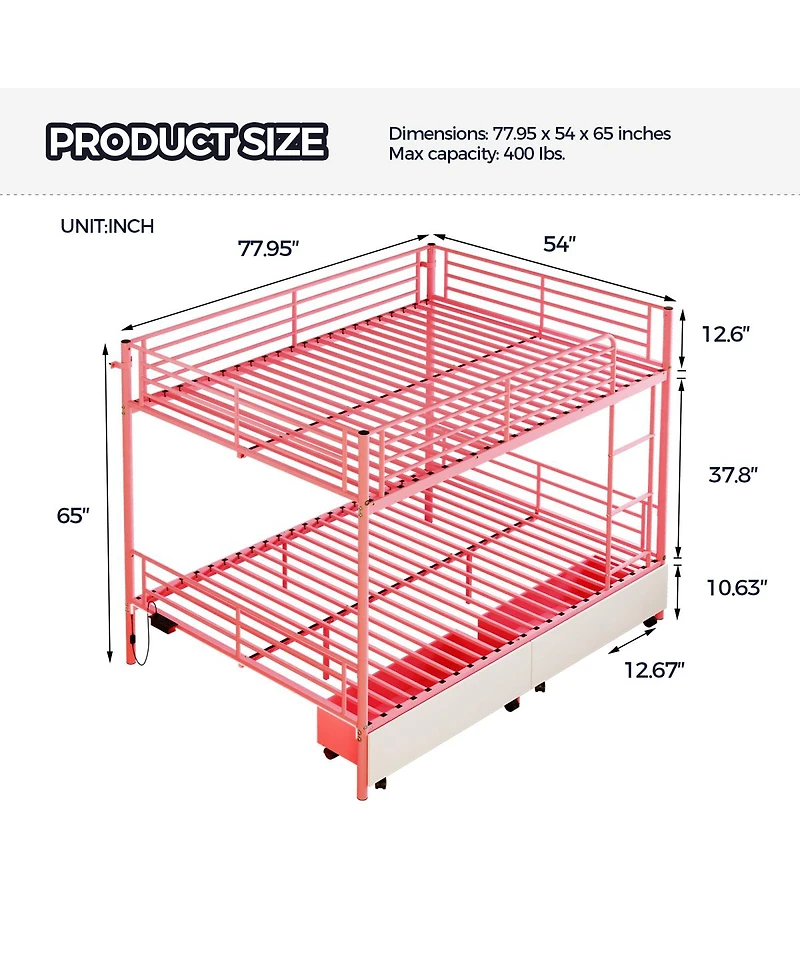 Streamdale Furniture Metal Bunk Bed w/Usb, Split, Storage, Guardrail