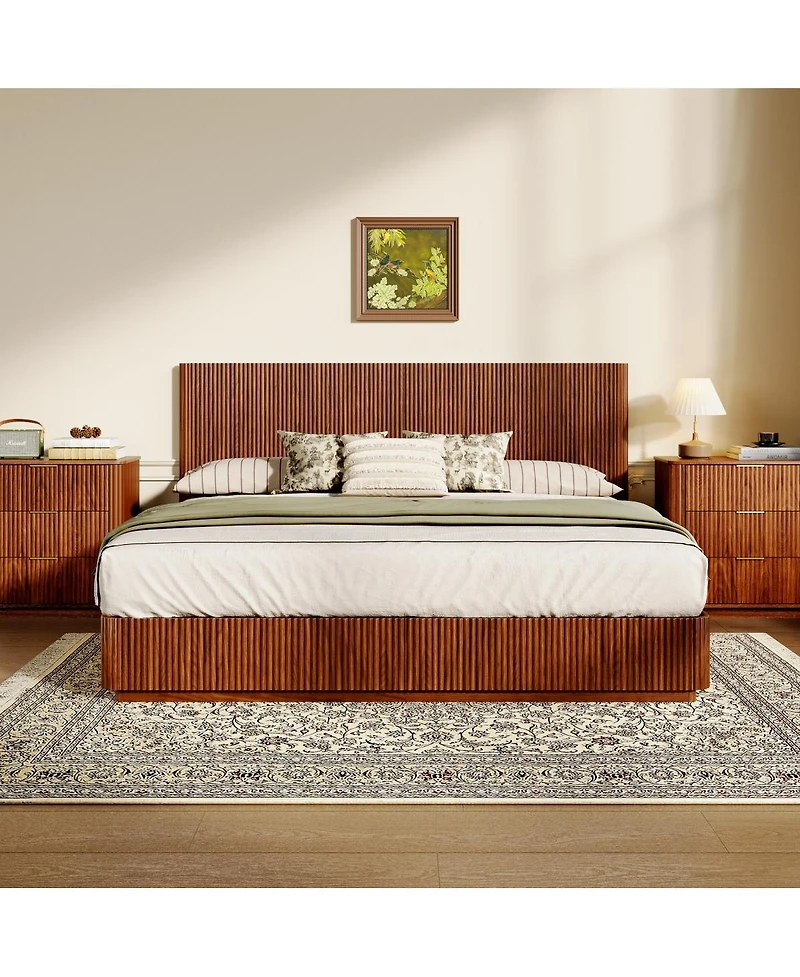 Streamdale Furniture Walnut Led Bed Frame, Modern Wood, Curved Lines.