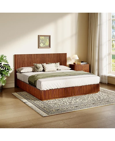 Streamdale Furniture Walnut Led Bed Frame, Modern Wood, Curved Lines.