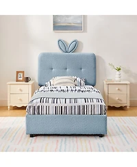 Streamdale Furniture Twin Rabbit Ear Upholstered Bed w/Led and 4 Drawers