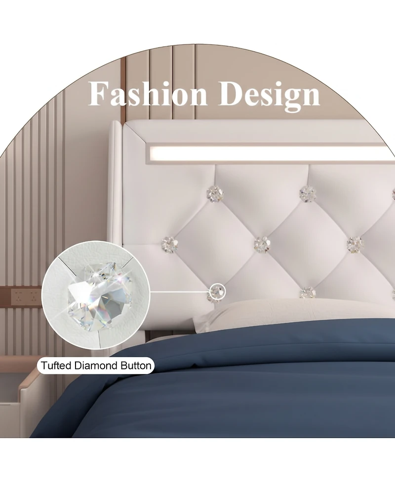 Streamdale Furniture Led Upholstered Bed w/ Charging Station and Diamond Headboard