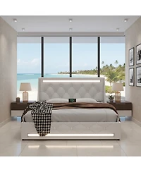 Streamdale Furniture Led Upholstered Bed w/ Charging Station and Diamond Headboard