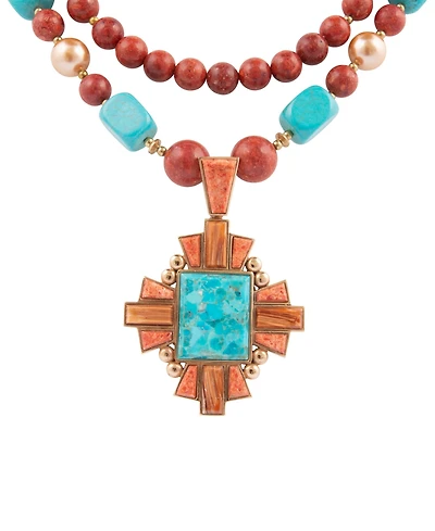 Barse Santa Fe Blue Turquoise Golden Cross Pendant Necklace