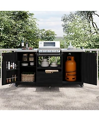 sumyeg 66.5inch Outdoor Kitchen Island for Big Egg Grills, Solid Wood Grill Cart with Stainless Steel Top, Drawer