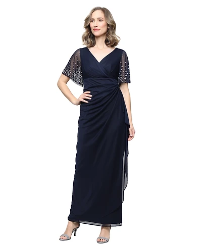 Alex Evenings Women's Embellished Flutter Sleeve Long Dress