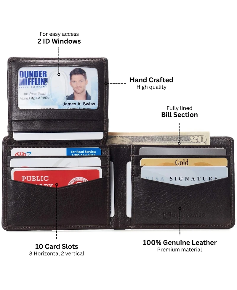 Alpine Swiss Mens Genuine Leather Passcase Bifold Wallet Rfid Safe 2 Id Windows