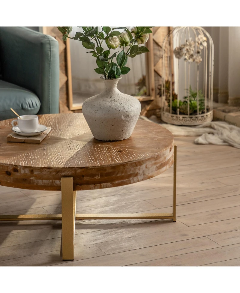 Streamdale Furniture 31.3" Modern Retro Round Coffee Table, Fir Wood Top, Gold Legs