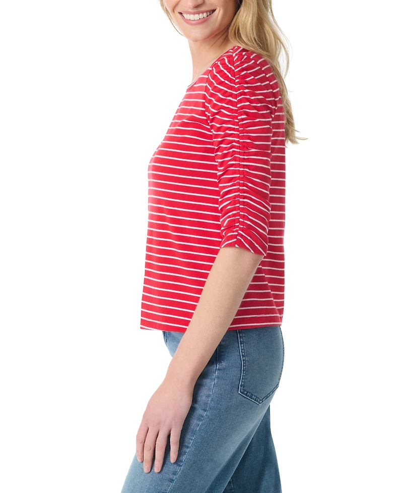 Gloria Vanderbilt Women's Striped Round Neck Ruched-Sleeve Tunic Top