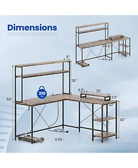 Sugift L-Shaped Reversible Gaming Desk with Led Strip and Power Outlets Hutch Monitor Stand
