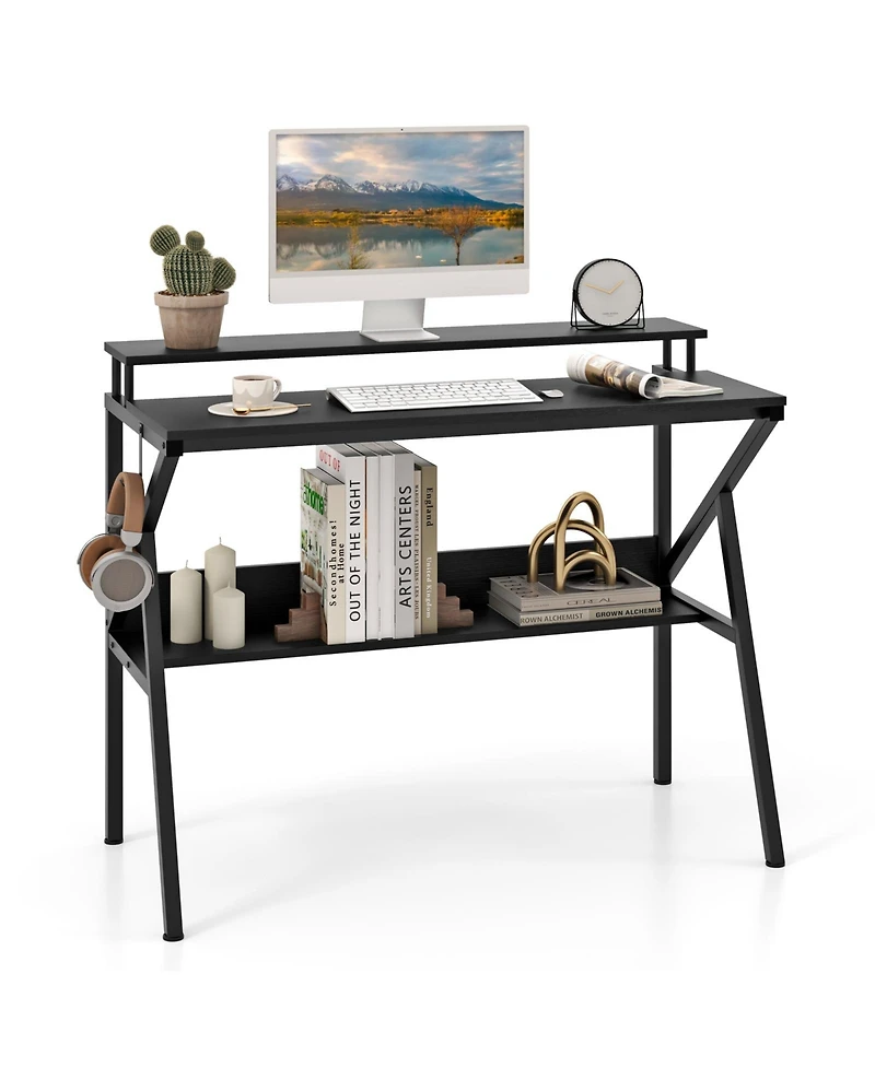 Sugift Space Saving Computer Desk with Monitor Stand and Extra Storage Shelf for Work Study-Black