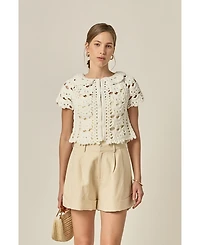 English Factory Women's Crochet Knit Crop Cardigan