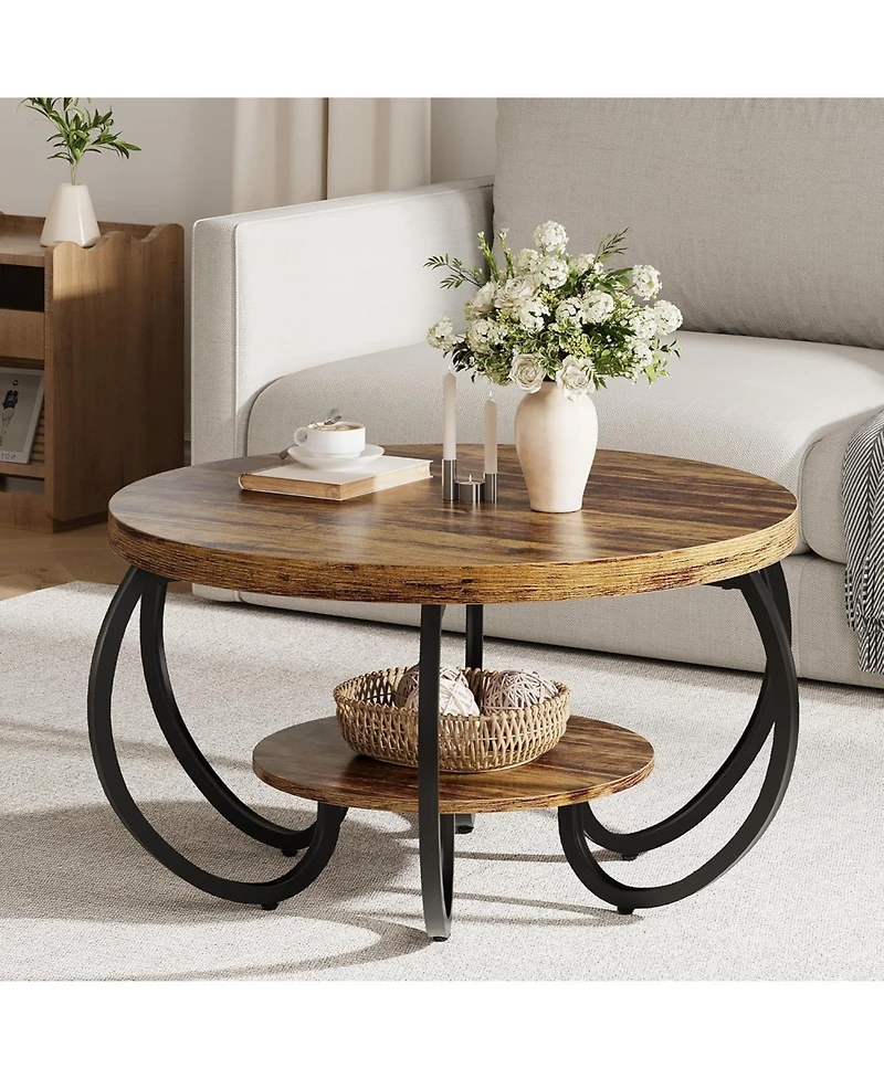 gaomon 30" Round Farmhouse 2-Tier Wood Coffee Table with Storage Shelf and Curved Metal Legs.