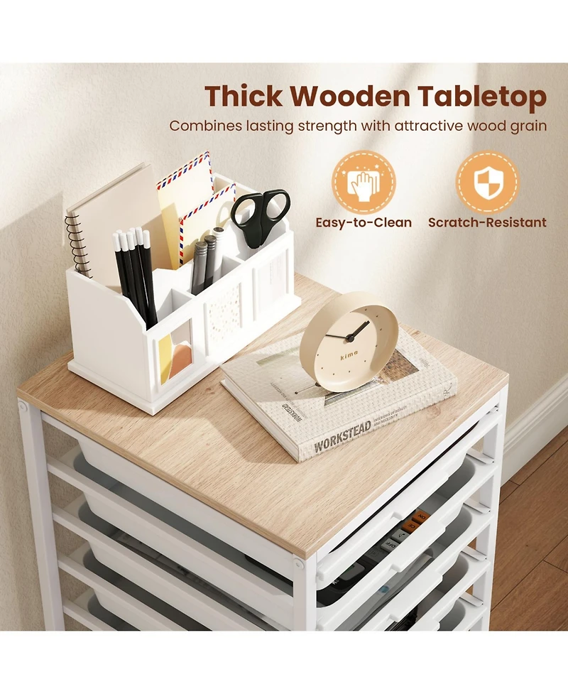 Sugift 10-Drawer Rolling Storage Cart Mobile Utility Organizer with Wooden Tabletop and Lockable Wheels