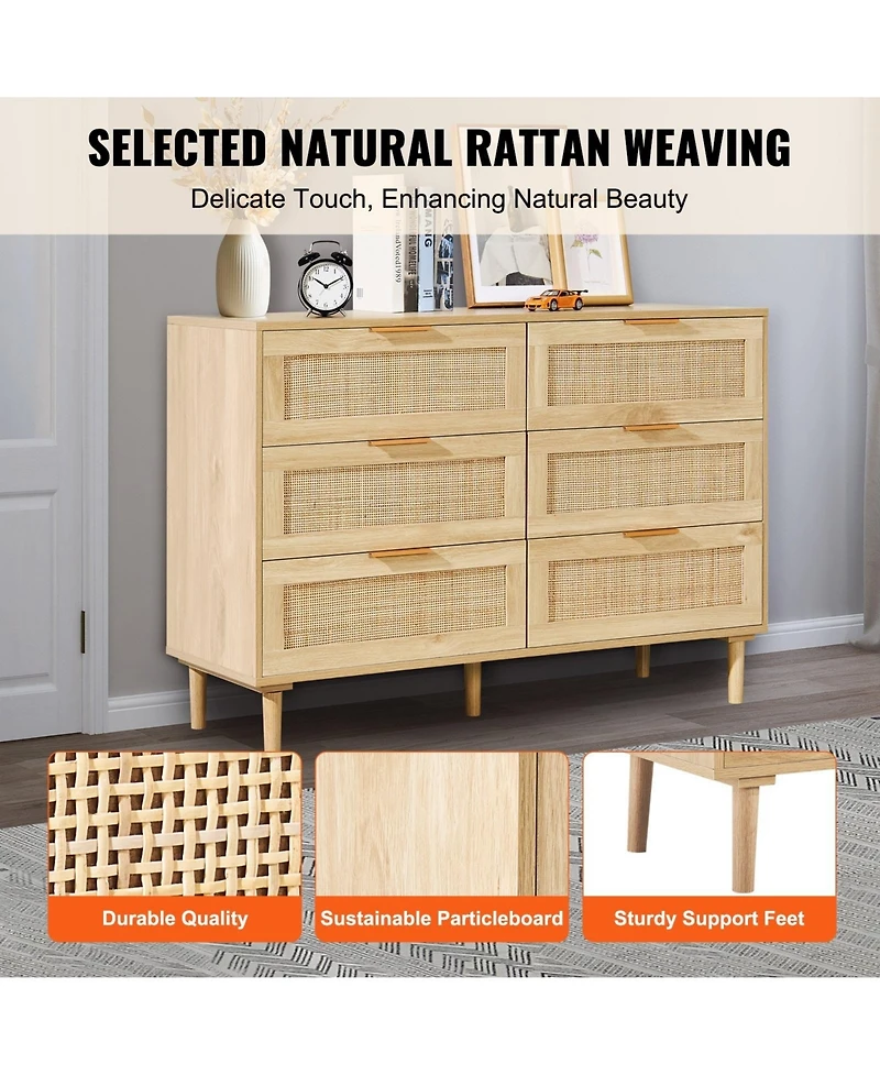 Gouun 6 Drawer Rattan Dresser with Spacious Storage for Bedroom and Hallway