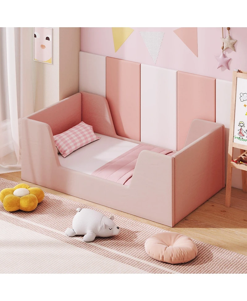 Sugift Soft Velvet Toddler Bed Frame with Built In Safety Rails