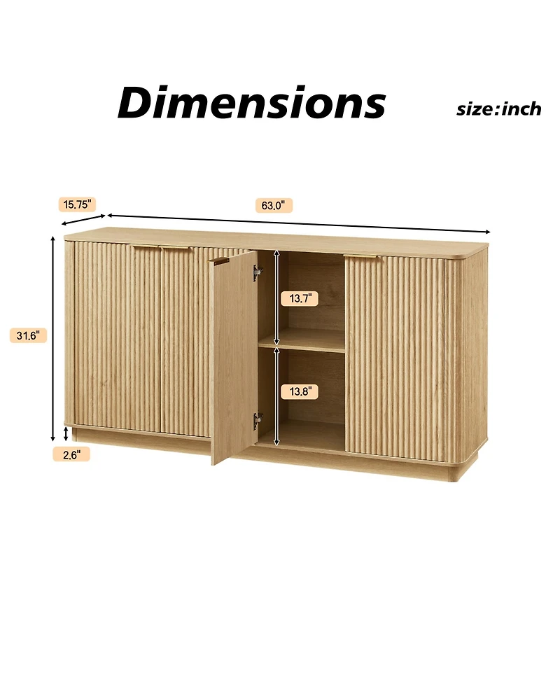 Rainsken Curved Wave Design Sideboard, Modern 4-Door Storage Buffet Cabinet with Vertical Stripes and Gold Accent Handles for Living Room