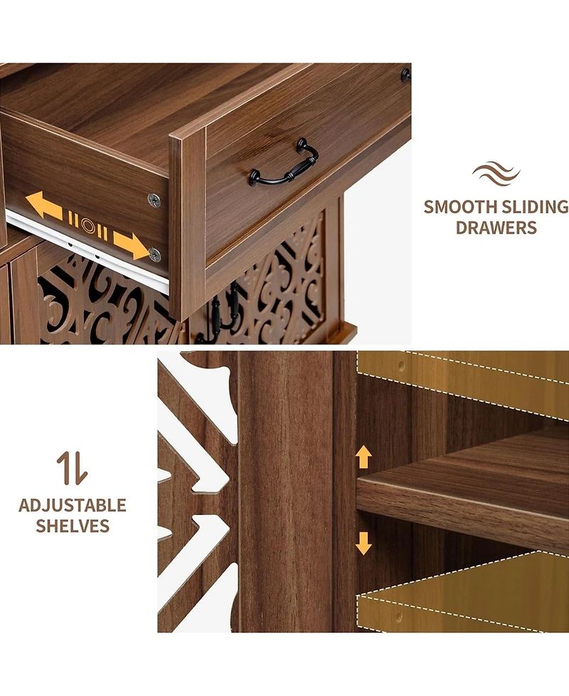 Rainsken Vintage Sideboard Buffet Cabinet, Entryway 4 Doors Storage Cabinet with Hand-Carved Hollow Doors, 2 Drawers and Metal Handles for Living Room