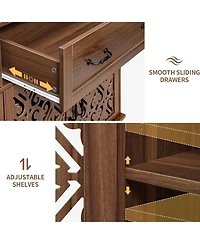 Rainsken Vintage Sideboard Buffet Cabinet, Entryway 4 Doors Storage Cabinet with Hand-Carved Hollow Doors, 2 Drawers and Metal Handles for Living Room