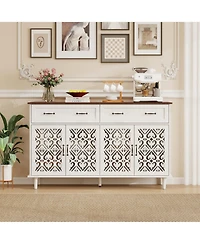 Rainsken Retro Storage Sideboard with Hand-Carved Openwork Doors, 2 Drawers and Metal Handles