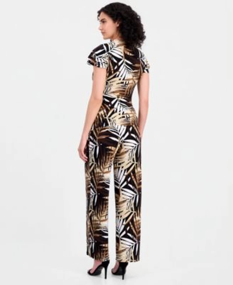 Anne Klein Womens Leo Palm Print Flutter Sleeve Wrap Top Palm Print Pull On Wide Leg Pants