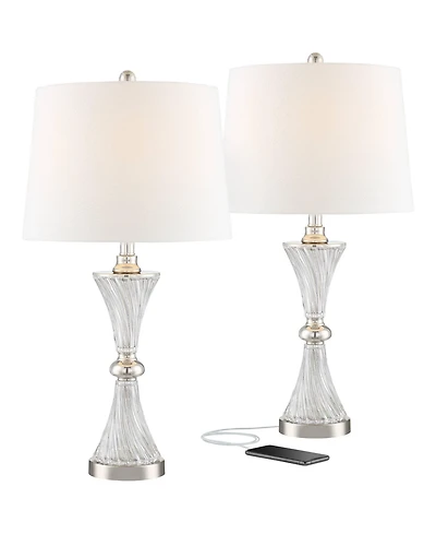 Regency Hill Luca Modern Table Lamps 25 1/2" High Set of 2 Clear Glass with Usb Charging Ports Dimmers Drum Shade for Bedroom House Desk