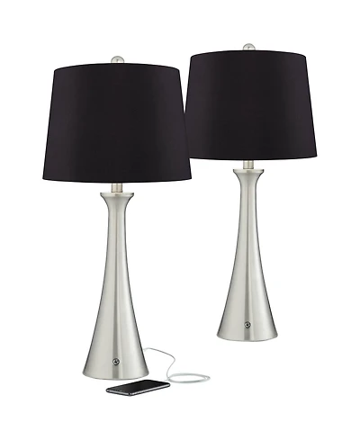 360 Lighting Karl Modern Table Lamps 27 1/2" Tall Set of 2 Brushed Nickel with Usb and Ac Power Outlet in Base for Bedroom House