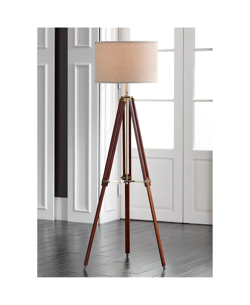 Possini Euro Design Serveyor Modern 57 1/2" Tall Tripod Floor Lamp Smart Socket Cherry Wood Brass Adjustable Shade for Living Room