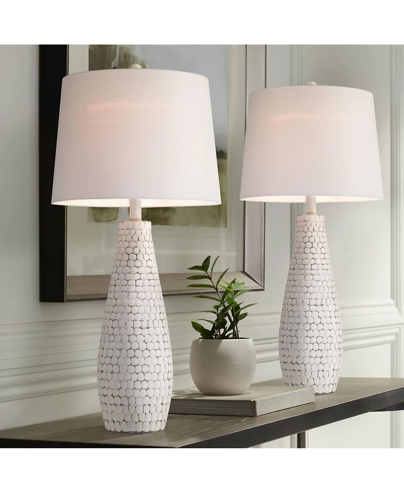 360 Lighting 29 1/2" Tall Modern Coastal End 3-Way Table Lamps Set of 2 Usb Port Whitewash Ceramic Shade Living Room Charging
