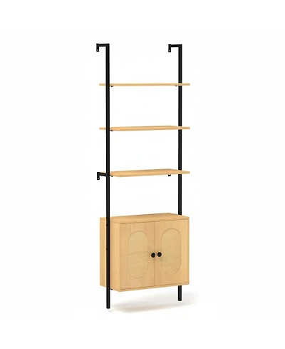 Yigii 72.5" H Ladder Bookshelf with Cabinet 3-Tier Wall Mounted Rattan Metal Frame Boho Open Storage Display Rack
