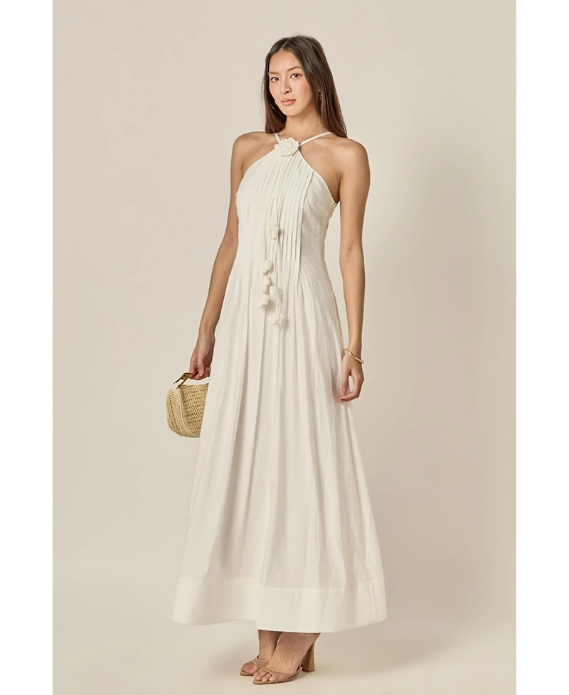 English Factory Women's Crochet Flower Trim Sheer Halter Maxi Dress