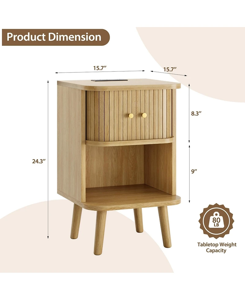 Yigii Set of 2 Fluted Nightstands Mid Century Modern Bedside Tables with Charging Station Storage Sliding Doors Open Shelf