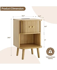 Yigii Set of 2 Fluted Nightstands Mid Century Modern Bedside Tables with Charging Station Storage Sliding Doors Open Shelf