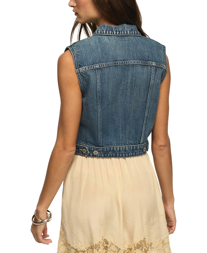 Lucky Brand Women's Medium Wash Cropped Denim Trucker Vest