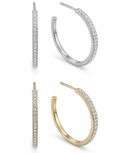 And Now This High Polished Clear Crystal Duo C Hoop Earring Pair, Gold Plate and Silver Plate