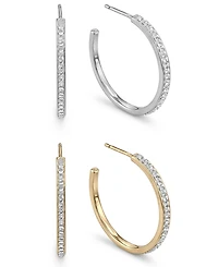 And Now This High Polished Clear Crystal Duo C Hoop Earring Pair, Gold Plate and Silver Plate