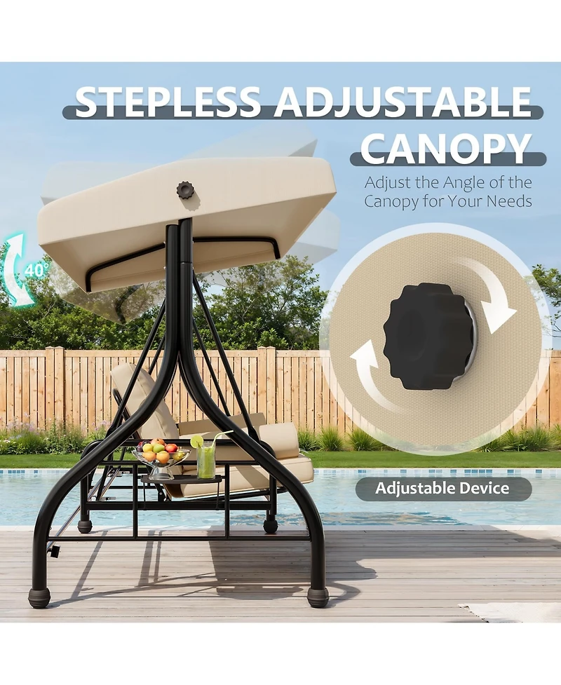 Homfan 3-seat porch swing with stand, adjustable canopy, 800 lb capacity, cup holder tray, cushions and pillows for outdoor patios.