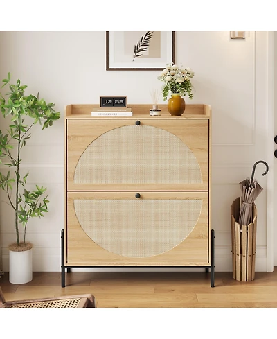 Rainsken Rattan Shoe Cabinet, Narrow Freestanding Storage Organizer with 2 Flip-Top Drawers and Metal Legs for Entryway