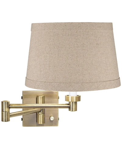 Barnes and Ivy Modern Swing Arm Wall Lamp Antique Brass Plug-In Light Fixture Natural Linen Drum Shade for Bedroom Bedside Reading